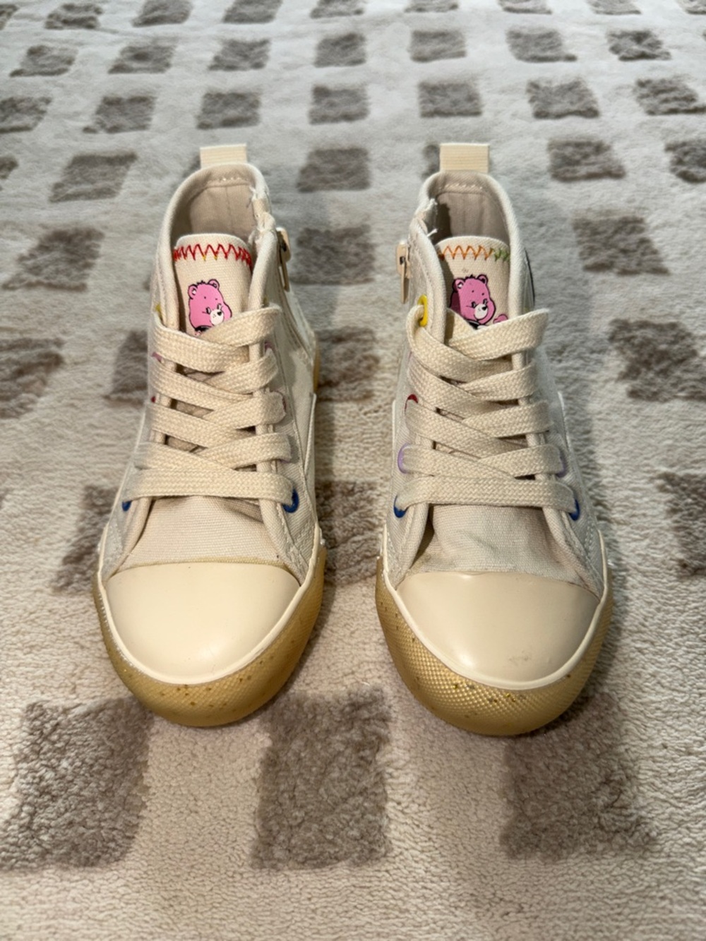 Zara Beige Canvas High-Top Sneakers with Pink Bear Tongue Detail